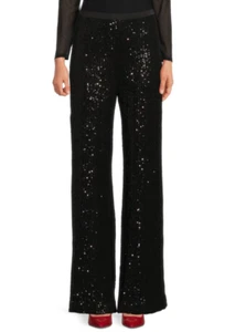 Ramy Brook Zora Sequin Wide Leg Pant Blessed Black Band Waist Side Zip Size 12 - Picture 1 of 14