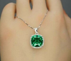 3Ct Green Emerald Cushion Cut  Necklace Women's 14K White Gold Finish With Chain