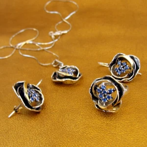 Hadar Designers 9k Yellow Gold Blue cz 925 Silver Set (Earrings,Pendat,Ring) (MS - Picture 1 of 9