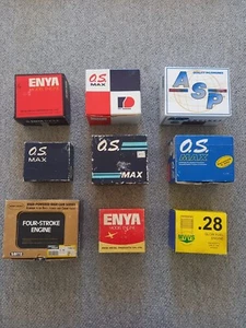 Set of 9 glow engines BOX ONLY O.S MVVS SAITO ASP ENYA nitro R/C engine boxes - Picture 1 of 2