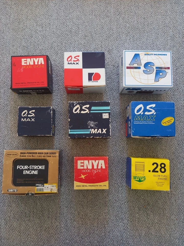 Set of 9 glow engines BOX ONLY  O.S MVVS SAITO ASP ENYA nitro R/C engine boxes - Image 1 of 2