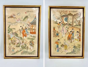 Chinese Watercolor Gouache on Silk Wall Art Pair (2) Bamboo Framed 18x25 VTG 70s - Picture 1 of 19