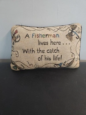  Small Fisherman Decor Pillow - Needlepoint Tapestry "Catch Of His Life" - Image 1 of 4