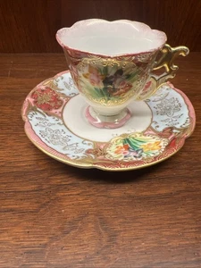 Antike Chibu China besetzte japanische Halb Teetasse & Untertasse Floral Goldrand o - Bild 1 von 5
