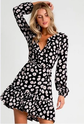 Billabong Black floral Marguerita Long Sleeve V Neck wrap mini dress Sz 12 / L - Image 1 of 4
