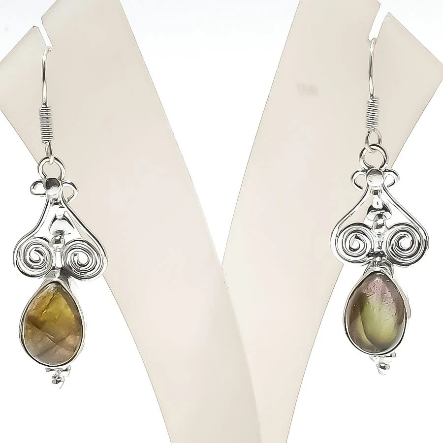 Natural Labradorite Gemstone Handmade 925 Starling Silver Earring Size 2.1" - Image 1 of 1