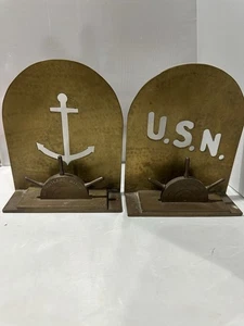 Vintage Messing maßgefertigt USN PORTLAND MAINE Grabenkunst Buchstützen US NAVY Anker - Bild 1 von 13