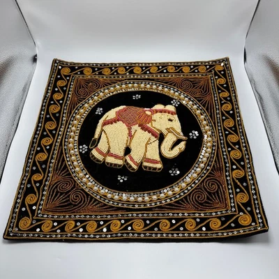 Pillow case Cover Thai Burmese Embroidered Elephant Vintage Bead Sequin (Black) - Image 1 of 4