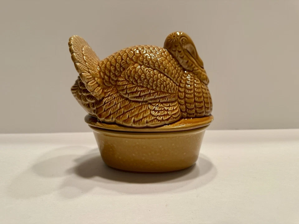 Plato cubierto de cerámica vintage de pavo en nido de acción de gracias caramelo mantequilla servidor 5" Foto 1 de 4