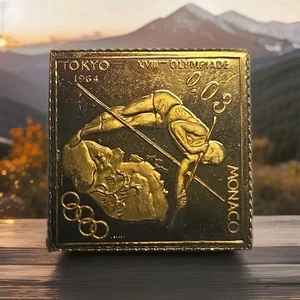 1964 Monaco Olympic Stamp 24K Gold on Sterling Silver .925 - Picture 1 of 2