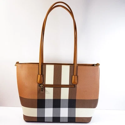 Bolso de Mano Marrón Blanco a Cuadros Imitación Cuero Asa Superior Bolso de Hombro Cartera Forrado Foto 1 de 4