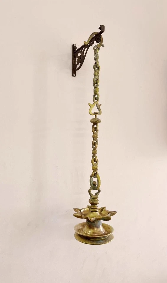 Antique Brass Hanging Diya Oil Light Lamp With Chain Original Old Fine Engraved - Image 1 of 4