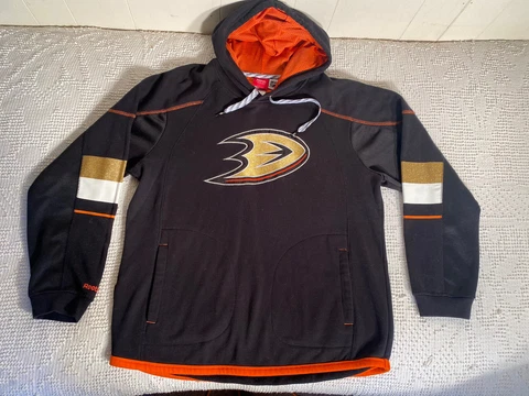 Anaheim Ducks Reebok NHL Hockey Hoodie Black Orange Gold White Striped Mens XL Cover