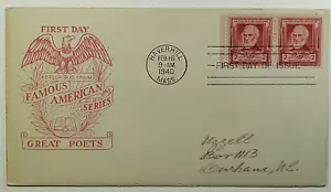 1940 FDC Poet John Greenleaf Wittier Famous Americans First Day Cover SC #865 - Picture 1 of 2