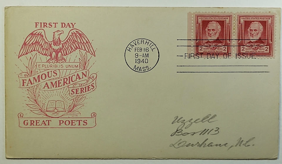 1940 FDC Poet John Greenleaf Wittier Famous Americans First Day Cover SC #865 - Image 1 of 2