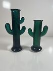 Pair of Green Glass Cactus Candle Holders Heavy 8 inch Western Decor