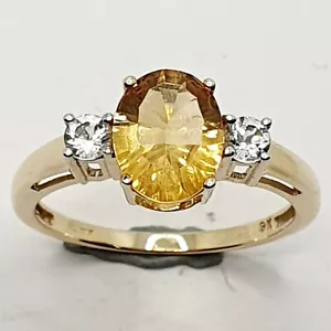 9ct Dress Ring Citrine & White Topaz Three Stone Yellow Gold Size O 1/4 Hallmark - Picture 1 of 24