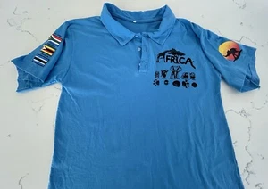 Rare AFRICA Tourist Blue Polo Shirt Men’s L - Elephants, Zimbabwe-Botswana Flag - Picture 1 of 8