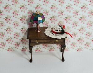 Dollhouse Wooden Side Table,  End Table With Lamp And Ladies Hat 1:12