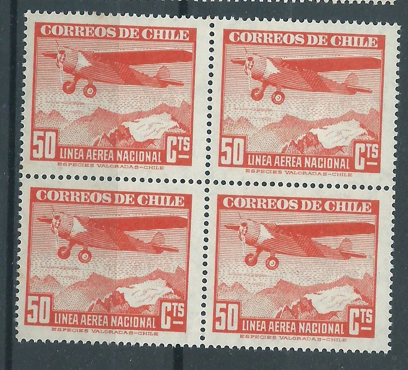 CHILE 1941 Sc.C58 50 cts. red orange airplane aircraft MNH block of 4 - Image 1 of 1