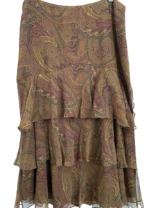 Ralph Lauren VTG Brown Plum Paisley 100% Silk Tiered Chiffon Skirt Size 10P - Picture 1 of 3