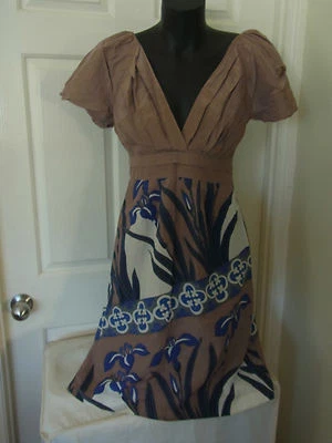 KOOKAI Silk Cotton Summer Wedding Tea Dress Size 1 Blue Brown B48 - Image 1 of 4