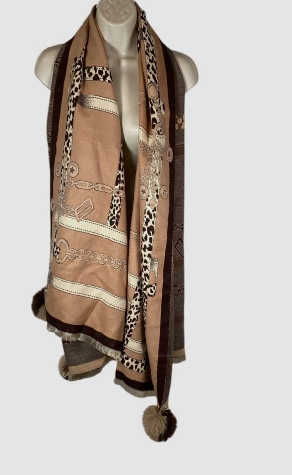La Fiorentina Mujer Marrón Tejido Estampado de Cadena Piel de Zorro Pom Pom Bufanda Envoltura Foto 1 de 1