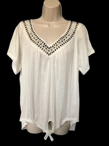 New York Laundry Size XL White Short Sleeve Embellished Tie Front Top Women's - Picture 1 of 7
