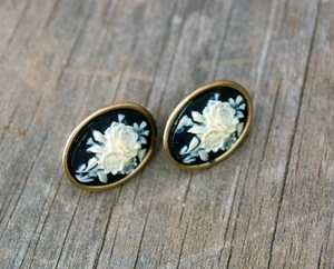 Vintage Floral Cameo Clip-On Earrings Faux Ivory Rose Design On Black Background - Picture 1 of 7