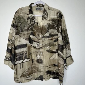 Chicos Design Button up Top Womens Size XL Asian Inspired Art to wear Silk Linen - Picture 1 of 11