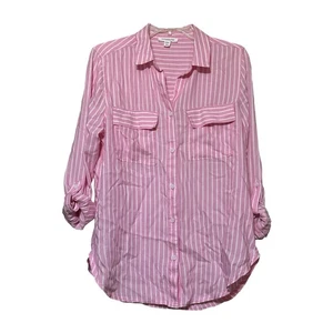 Beach Lunch Lounge Womens Striped Button Down Rayon Soft Shirt Pink White Small - Picture 1 of 7
