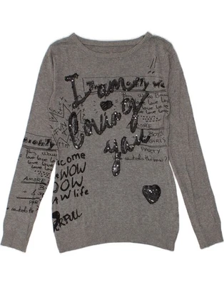 DESIGUAL Womens Graphic Boat Neck Jumper Sweater UK 6 XS Grey Cotton AE01 - Image 1 of 3