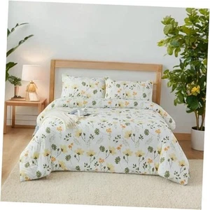  White Floral Queen Comforter Set, Yellow Flowers & Green Botanical Patterns  - Picture 1 of 7