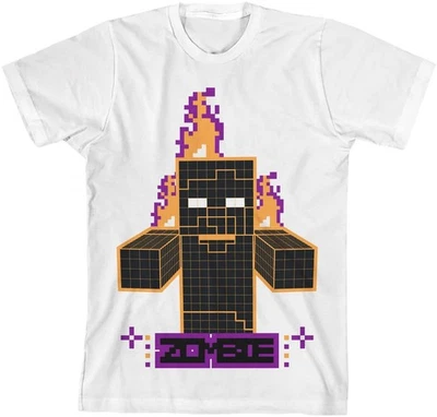 Minecraft Boys' Orange Pixel Zombie With Fire Kids Short Sleeve T-Shirt (M) - Image 1 of 3
