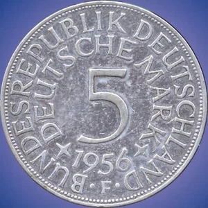 1956 'F' Germany 5 Mark Silver Coin (11.2 Grams .625 Silver) - Picture 1 of 2