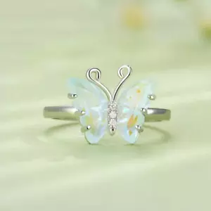 Platinum 925 Sterling Silver Delicate Rainbow Crystal Butterfly Ring - Picture 1 of 4