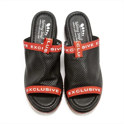 Women Spring Step Exclusive Black Leather Platform Slide Sandals - Image 1 of 4