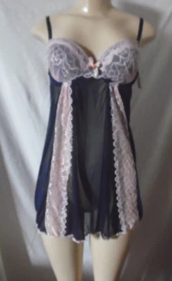 SUJETADOR BABYDOLL JESSICA SIMPSON TOP CON ALAMBRE Y TANGA PANTY AZUL ROSA ENCAJE MEDIANO M Foto 1 de 4