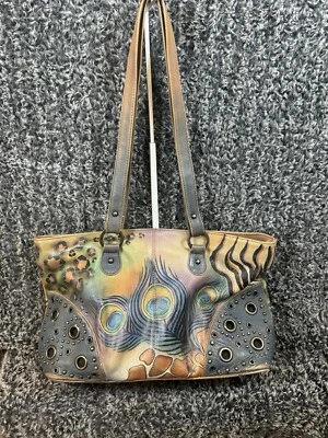 Anuschka peacock feather satchel bag studded blue hand painted signed art purse - Imagem 1 de 4