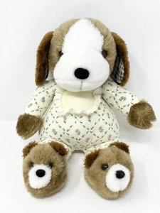Vintage Brown Puppy Dog Plush Floral Pjs Bear Slippers Plaid Ears 9” - Bild 1 von 12