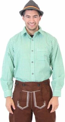 Men's Oktoberfest German Bavarian Trachten Costume Green Plaid Cosplay Shirt Tee - Image 1 of 4