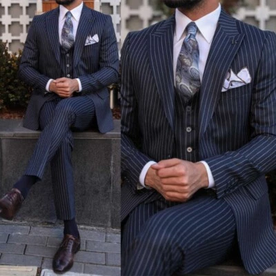 Men's British Striped Suit Single Breasted Peak Lapel Suits 2pcs Set for Wedding - Image 1 of 4