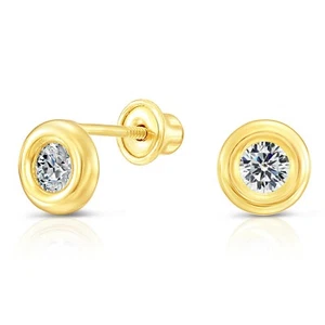 10K Real Solid Yellow Gold Baby Bezel CZ Sleeper Studs Earrings Screw-back - Picture 1 of 5