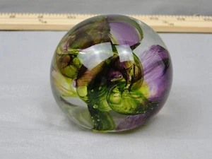 Vintage T. Ueltschey Blown Art Glass Ribbon Paper Weight Signed Purple Green - Picture 1 of 9