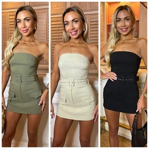 Mujer Cinturón Playsuit Damas Combate Carga Bolsillo Falda Sin Mangas Set 6-12 - Imagen 1 de 10