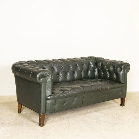 Vintage Green Leather Chesterfield Sofa from Denmark Cover