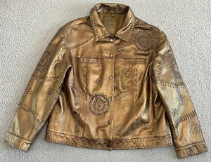 Vintage Chico’s Gold Leather Jacket sz 3 Southwestern Embroidered Studded - Picture 1 of 19