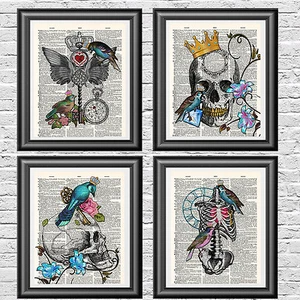 Wall Art Prints Set of 4 Gothic Skulls Birds Dictionary Pictures - Picture 1 of 7