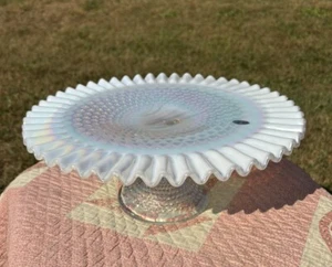 LRG 13” FENTON OPALESCENT HOBNAIL GLASS CAKE PLATE PEDESTAL STAND RUFFLED RIBBON - Picture 1 of 13