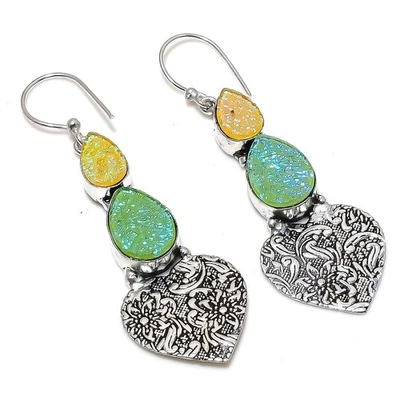 Pendiente de joyería de plata de ley 925 con piedras preciosas de ópalo triplete verde 2,56" Foto 1 de 4